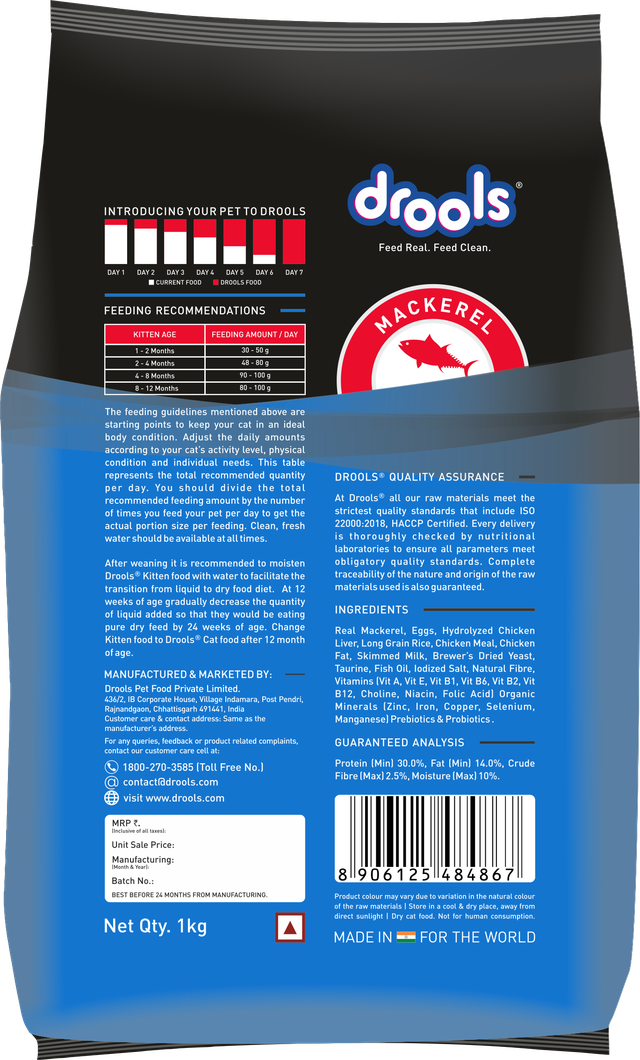 Drools Kitten Mackerel Dry Food 1kg (with Container Free)