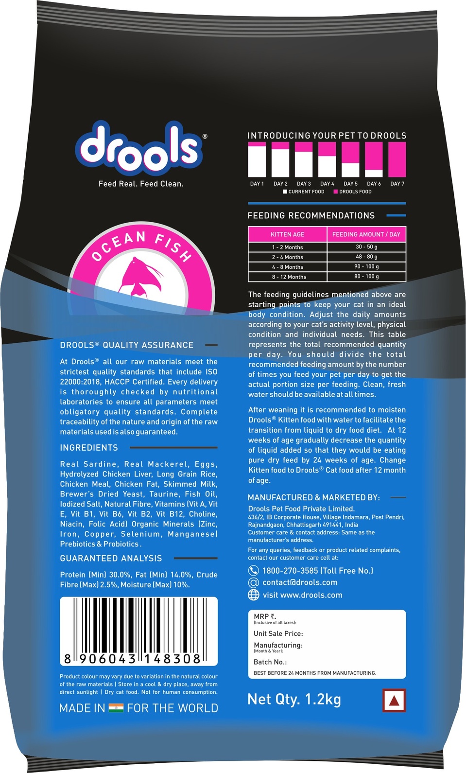 Drools Kitten(1-12 Months) Dry Cat Food, Ocean Fish, 1.2kg with Free Container