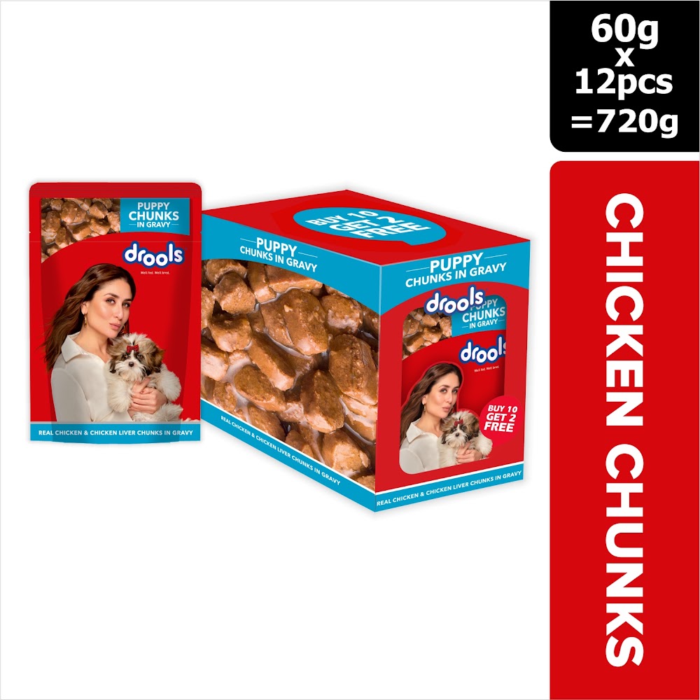 Drools Puppy Wet Dog Food, Real Chicken and Chicken Liver Chunks in Gravy,10 Pouches + 2 Pouches Free (12 x 60g )