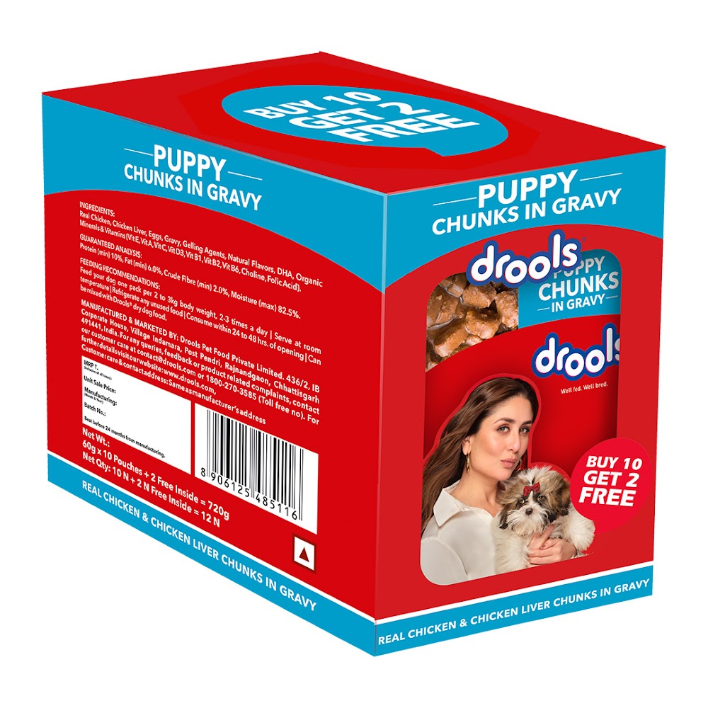 Drools Puppy Wet Dog Food, Real Chicken and Chicken Liver Chunks in Gravy,10 Pouches + 2 Pouches Free (12 x 60g )