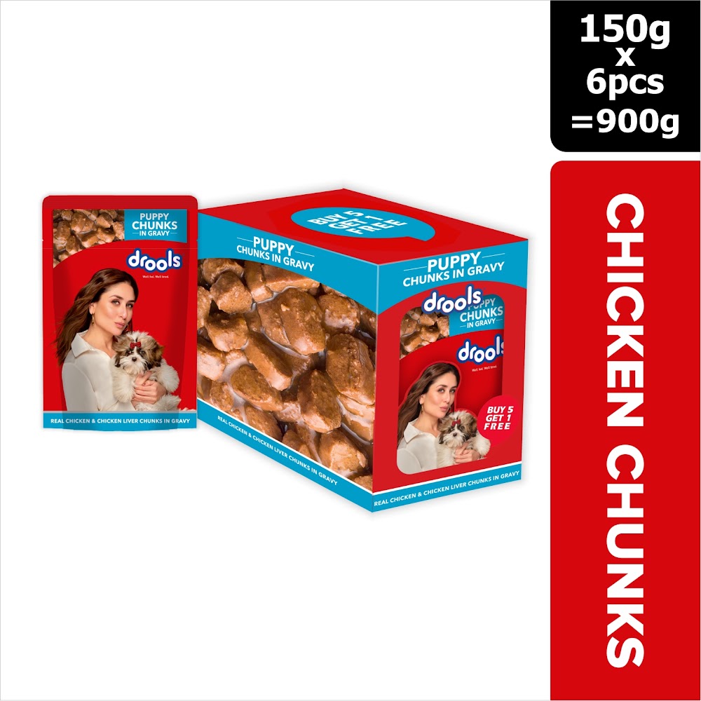 Drools Puppy Wet Dog Food, Real Chicken and Chicken Liver Chunks in Gravy,6 Pouches (6 x 150g)