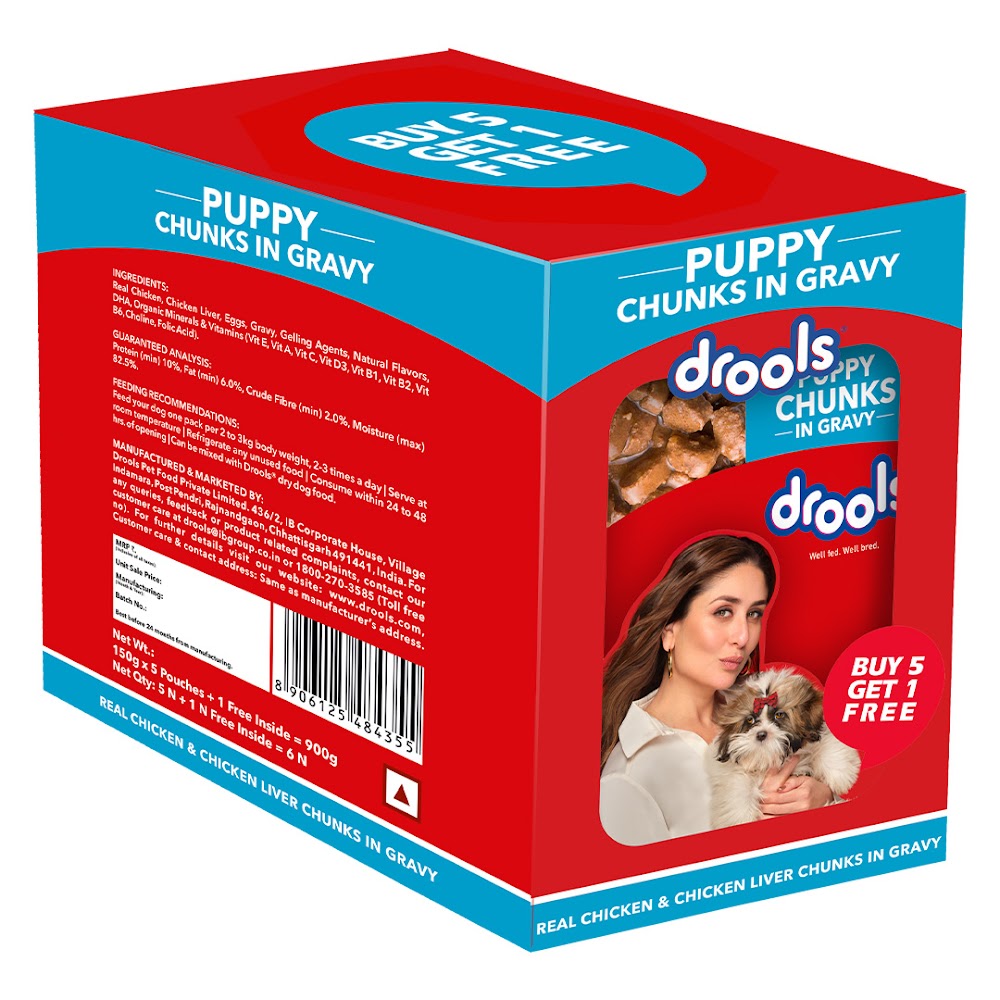 Drools Puppy Wet Dog Food, Real Chicken and Chicken Liver Chunks in Gravy,6 Pouches (6 x 150g)