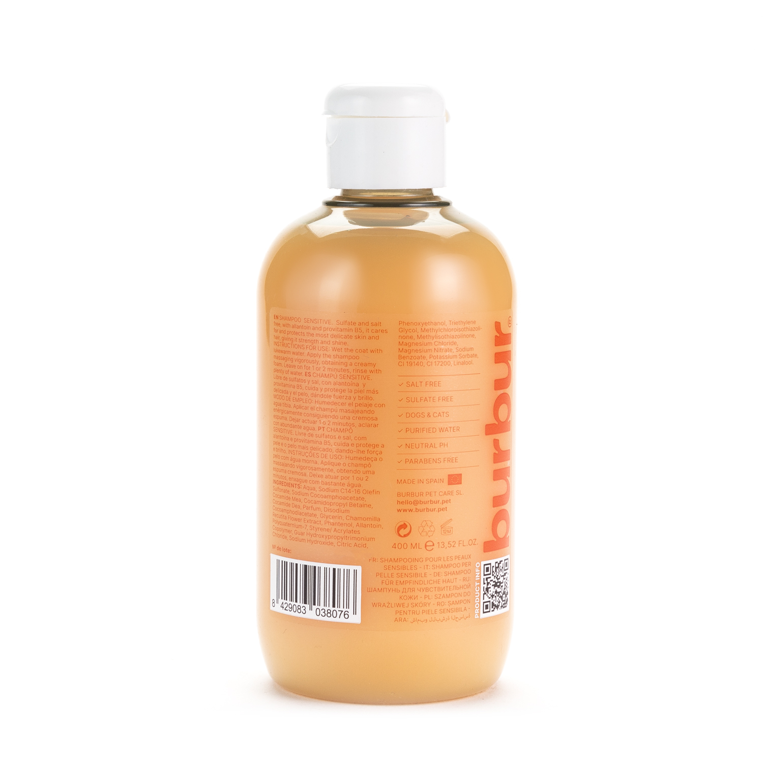 Burbur Dog and Cat Sensitive Sulfate & Salt Free Shampoo (400 ml) - Made in Spain