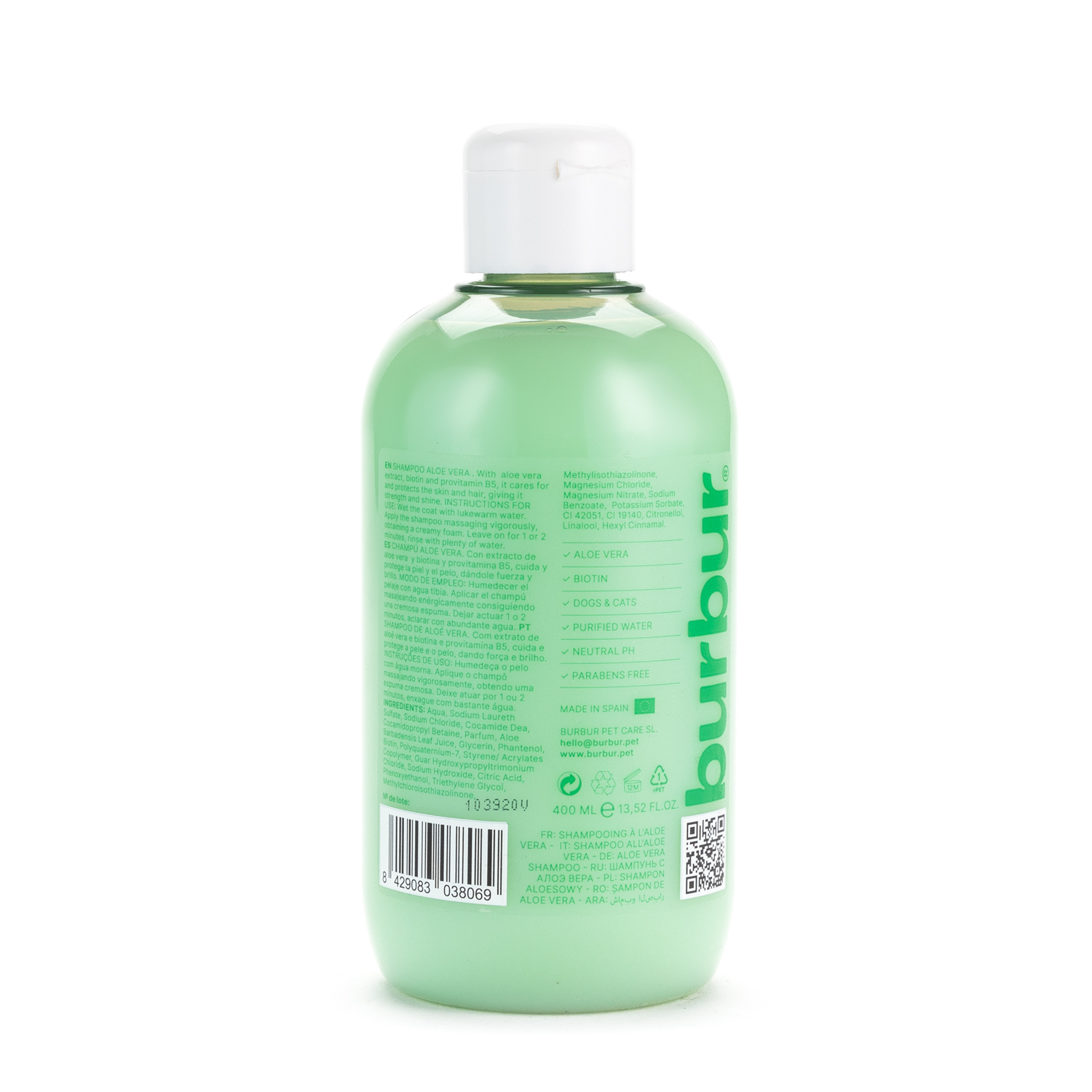 Burbur Dog and Cat Aloe Vera All Coat Types Shampoo (400 ml) - Made in Spain