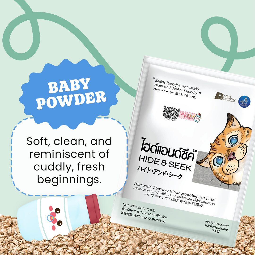 Hide & Seek Cassava Cat Litter Biodegradable-Flushable Baby Powder Scented (18 Lb - 8.16 Kg)