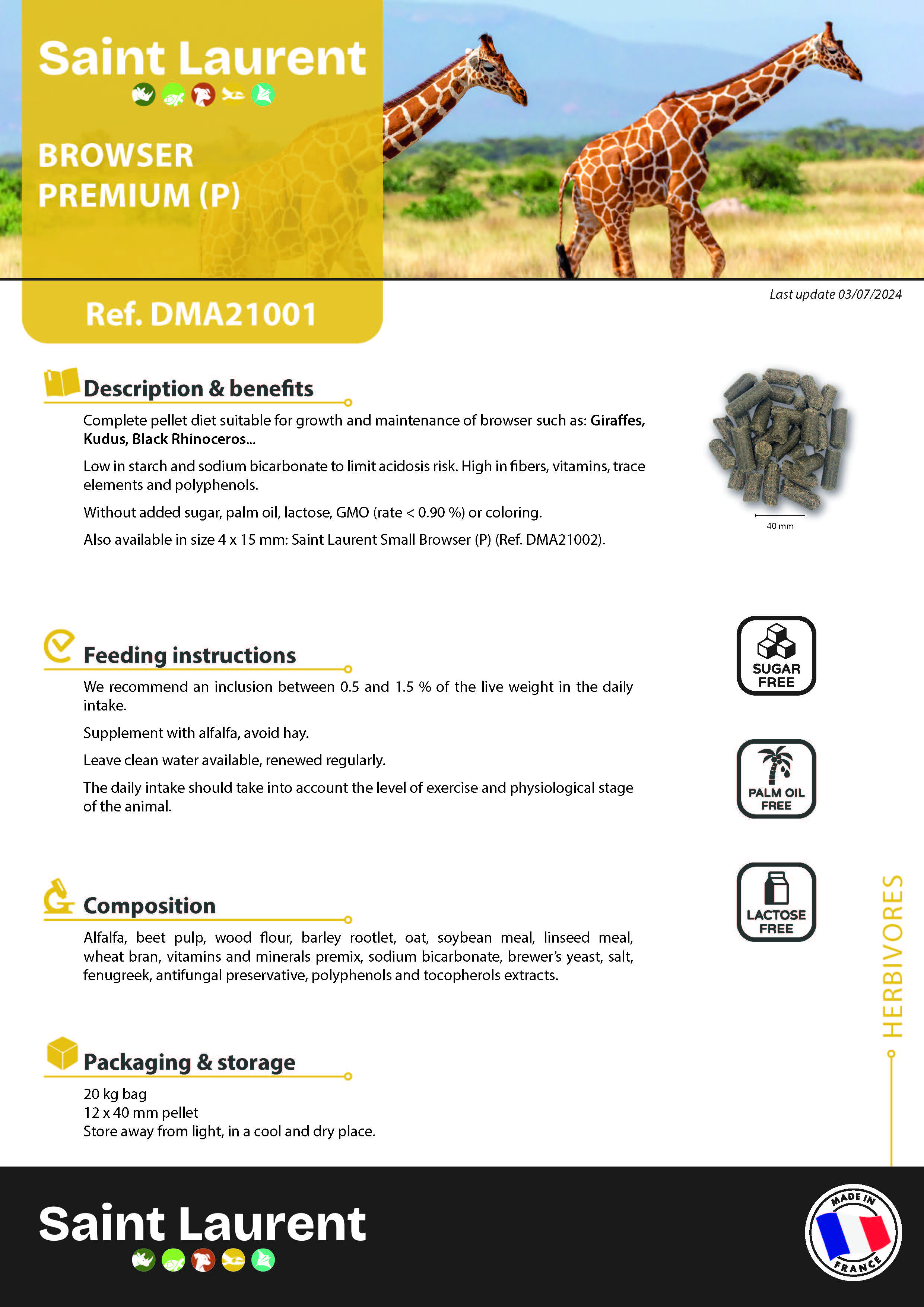 St Laurent Brower Premium (20 Kg) - Complete Pellet Diet for Giraffes, Kudus, Black Rhinoceros - Made in France