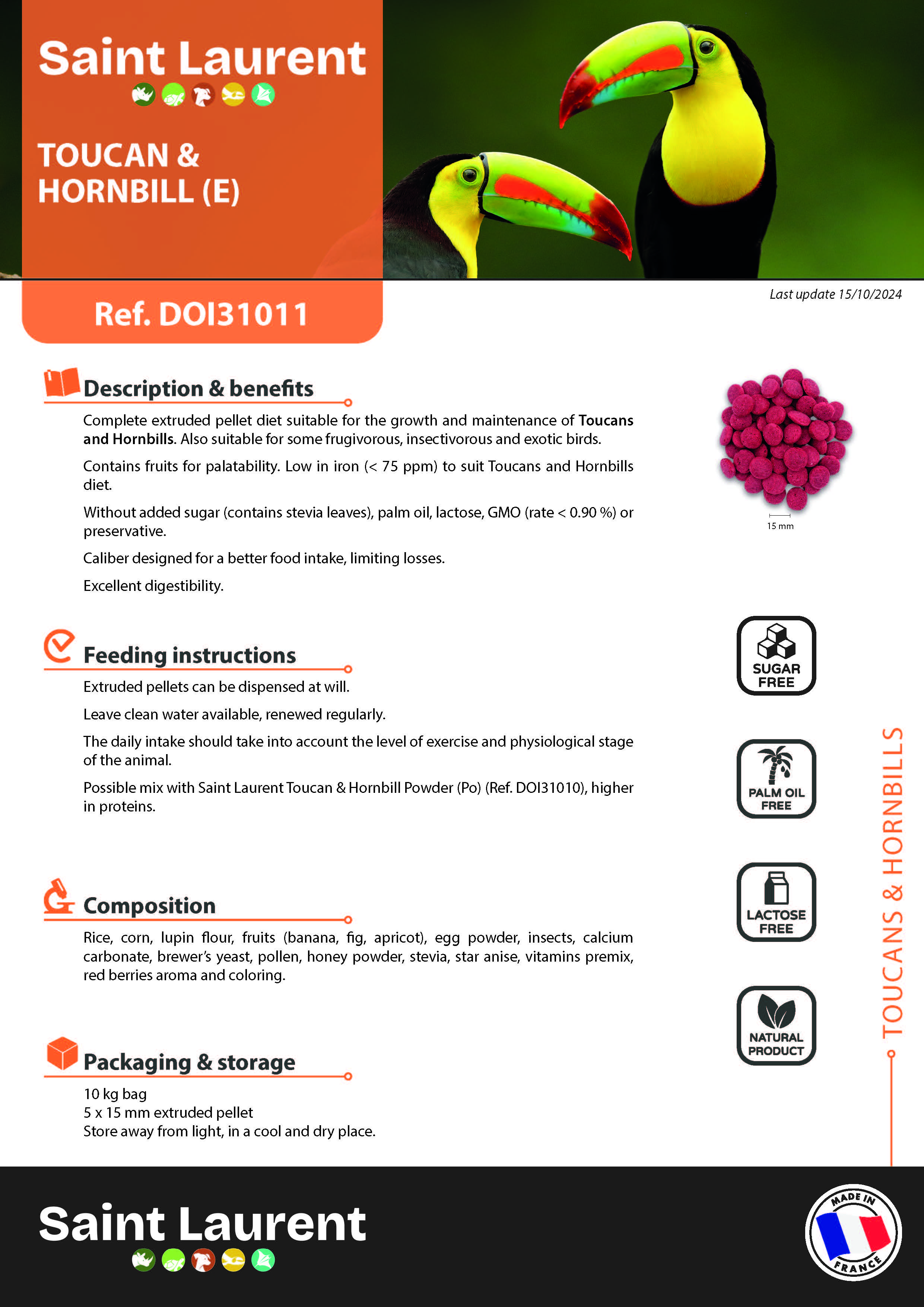 St Laurent Toucan & Hornbill (10 Kg) - Complete Extruded Pellet Diet for Toucans & Hornbills - Made in France