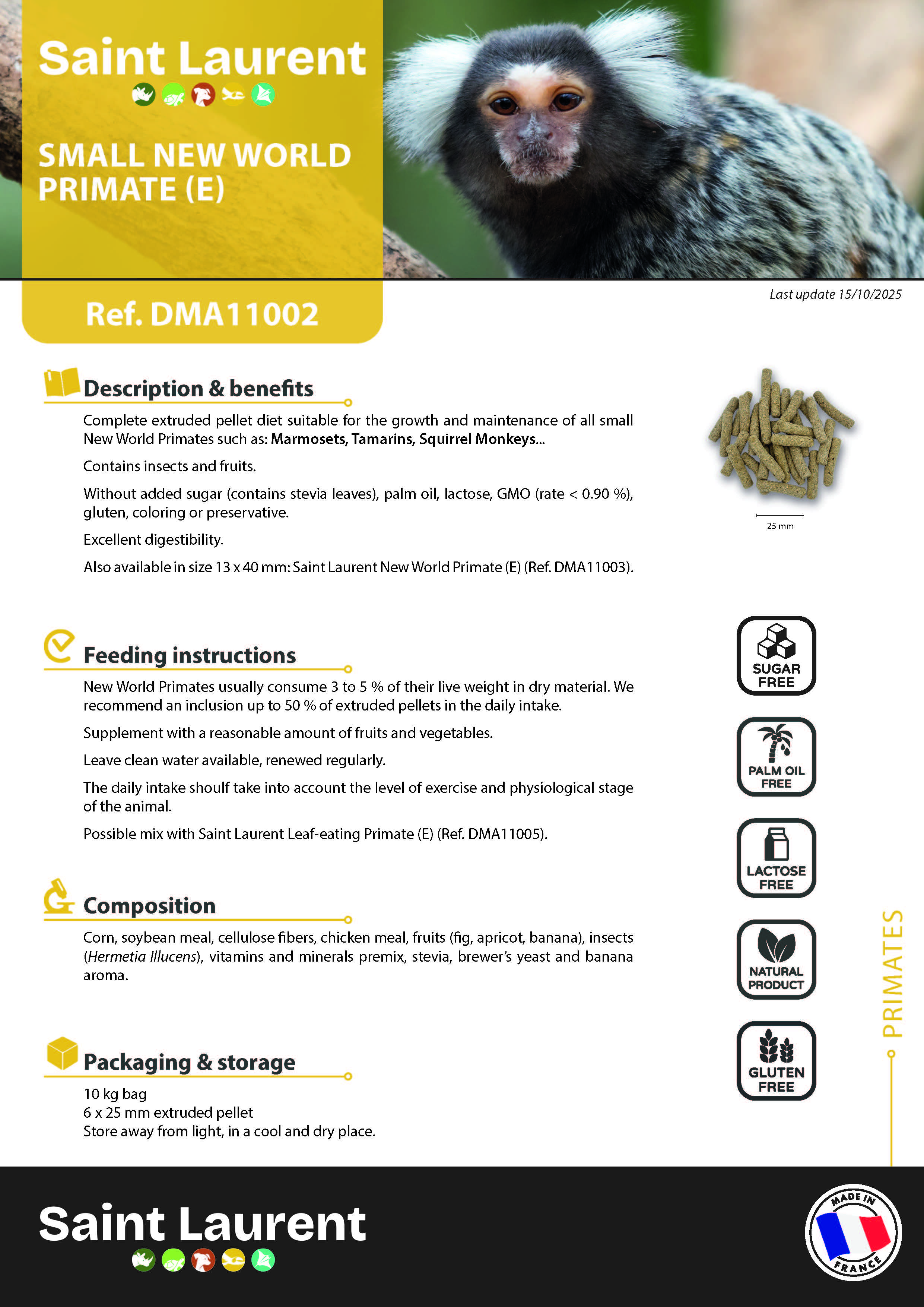 St Laurent Small New World Primate (10 Kg) - Complete Extruded Pellet Diet for Small New World Primates - Made in France