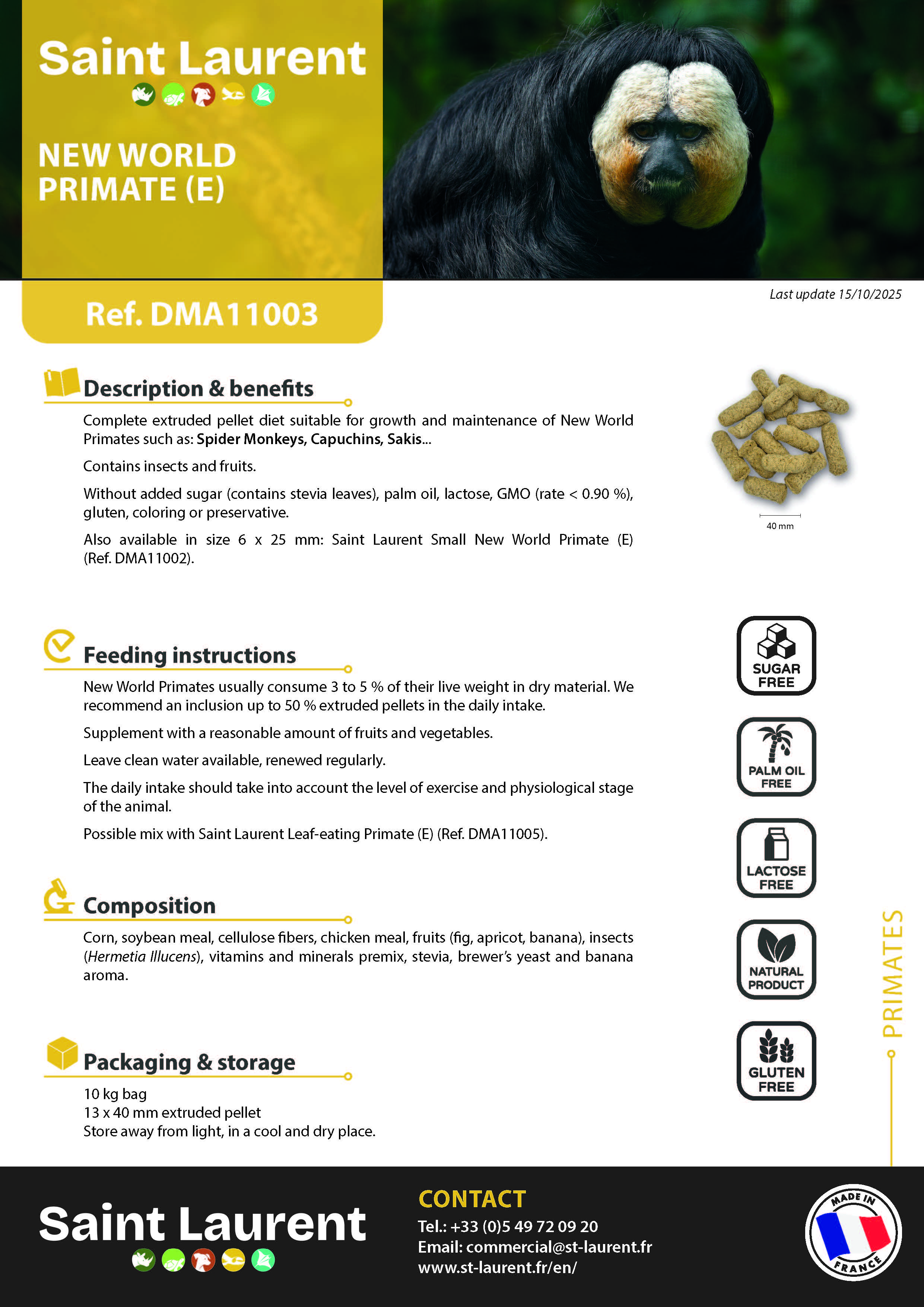St Laurent New World Primate (10 Kg) - Complete Extruded Pellet Diet for New World Primates - Made in France