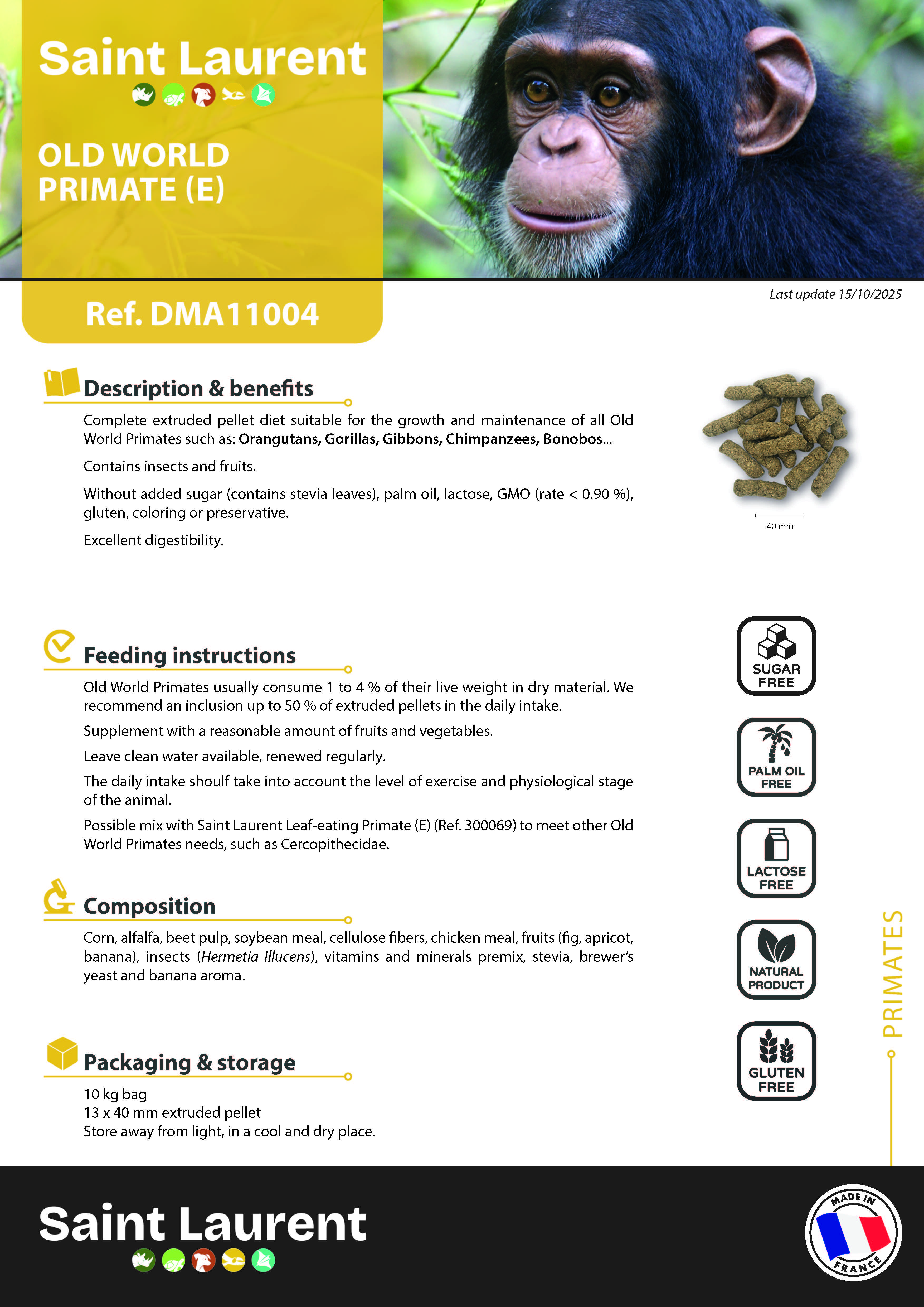 St Laurent Old World Primate (10 Kg) - Complete Extruded Pellet Diet for Old World Primates - Made in France