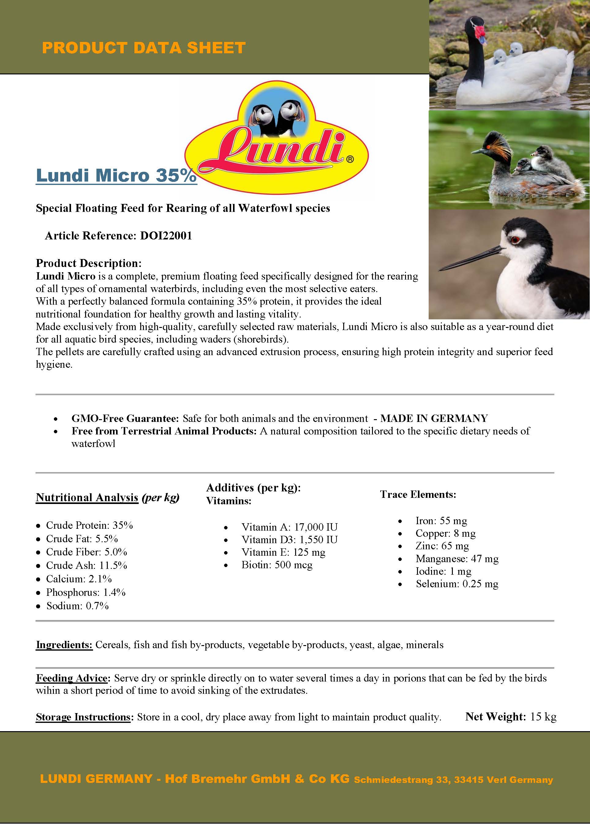 Lundi Micro (15 Kg) - 2 mm Floating Pellets. Specialized Rearing Feed for All Ornamental Waterfowl - Made in Germany