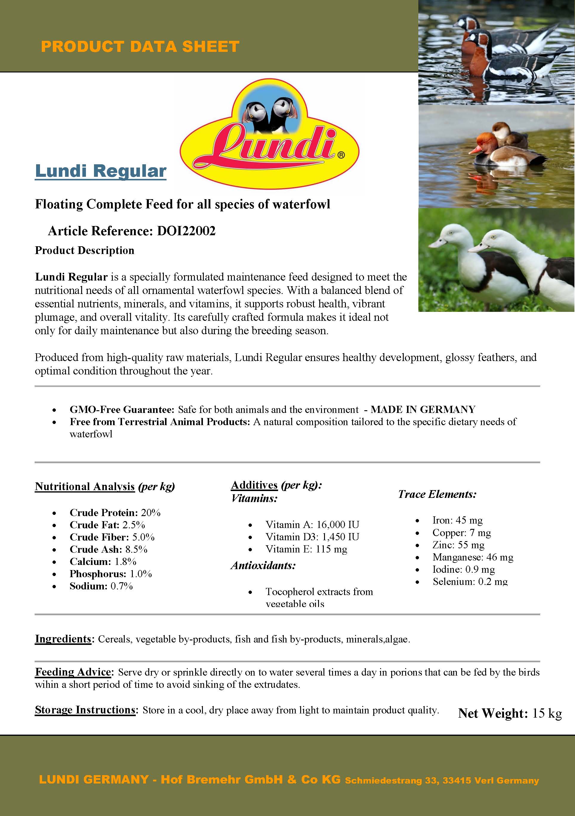 Lundi Regular (15 Kg) - 5 mm Floating Pellets. Optimally Balanced Feed for All Types of Ornamental Waterfowl - Made in Germany