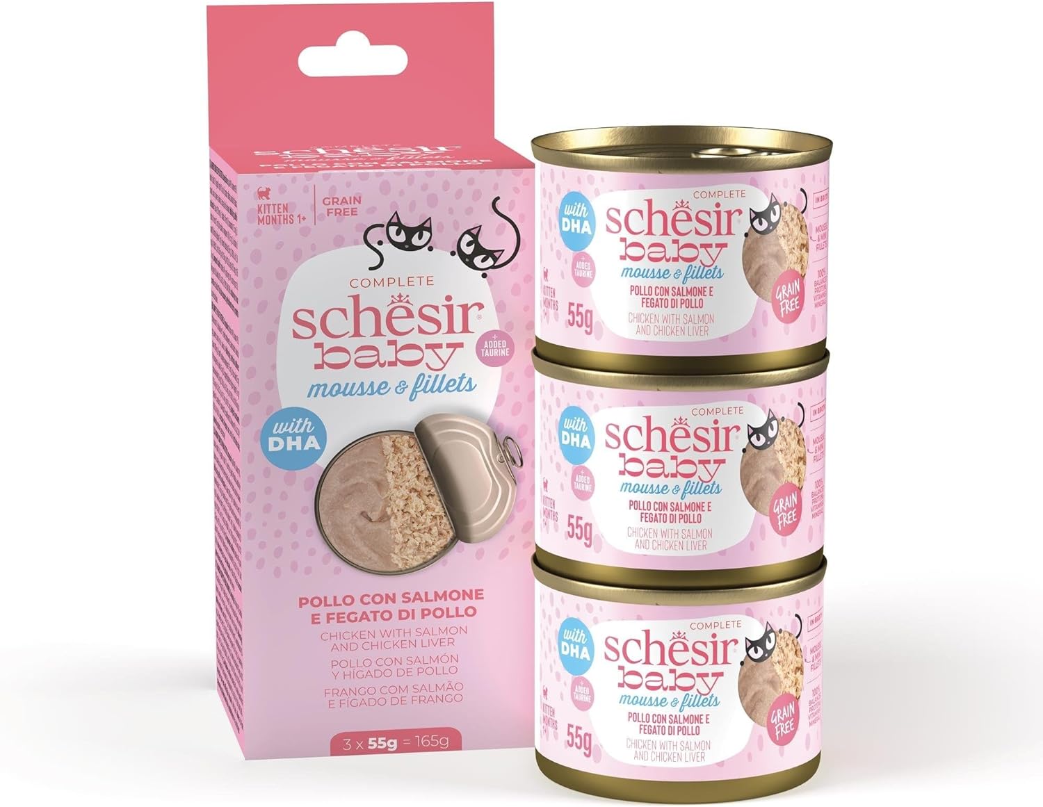 Expiring On- 20/04-  Schesir Baby Cat Can Multipack Mousse & Fillets - Chicken With Salmon & Chicken Liver 165g (3 Cans x55g)