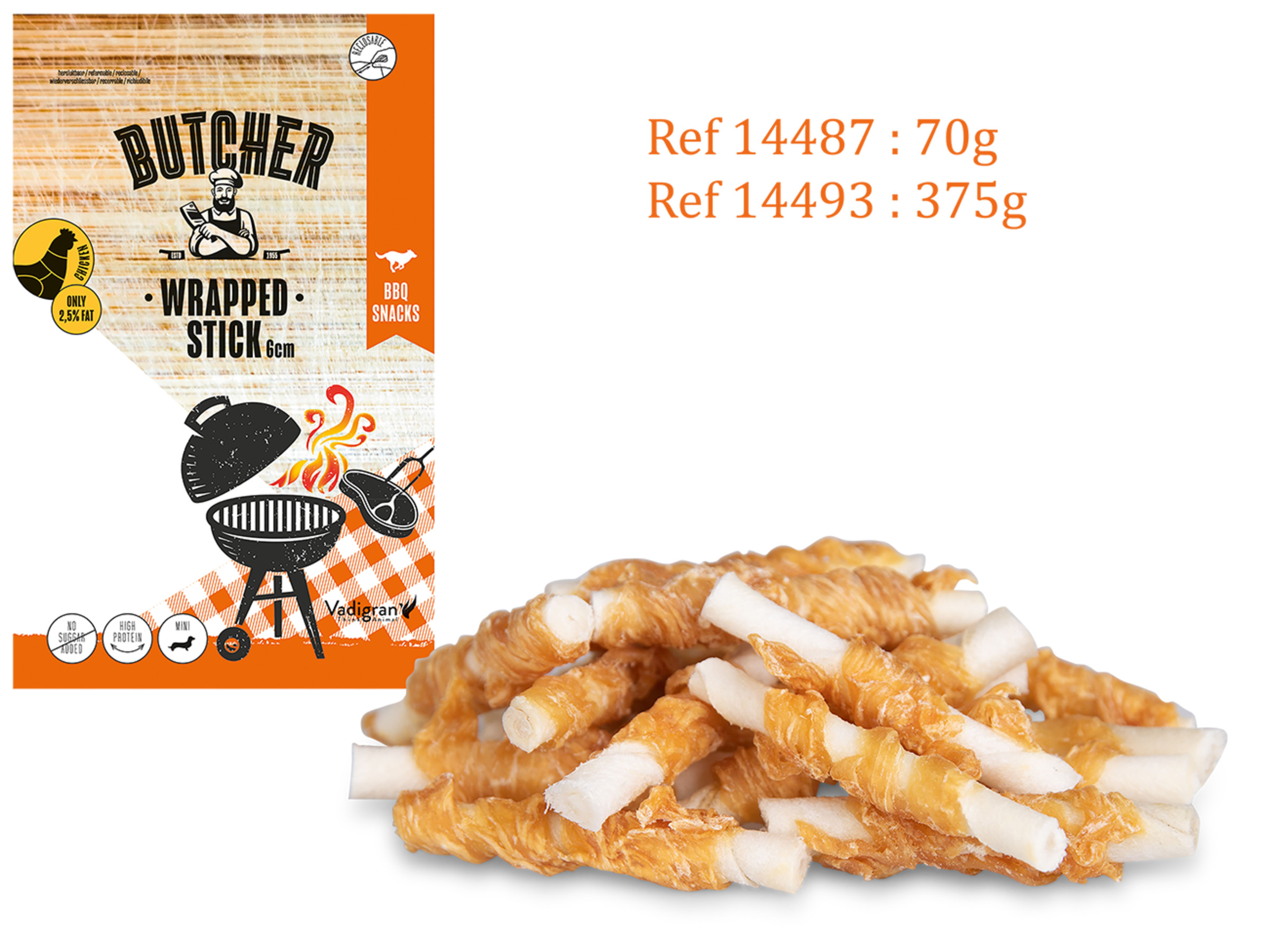Expiring On-  30/01/2026- Vadigran Butcher Chicken Wrapped Stick 6cm 70g MINI