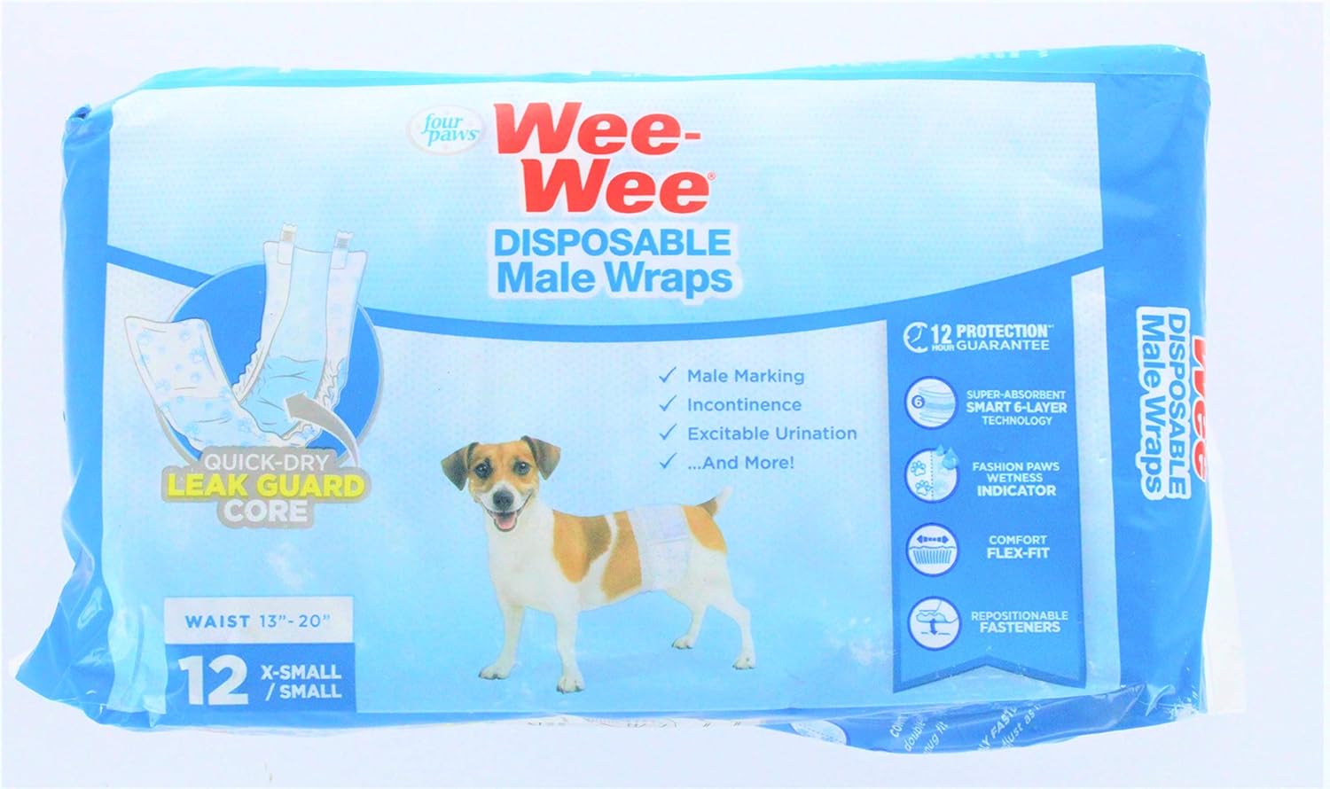 Four Paws Wee-Wee Wetness Indicator Male Dog Wraps, 12 Pack X-Small/Small