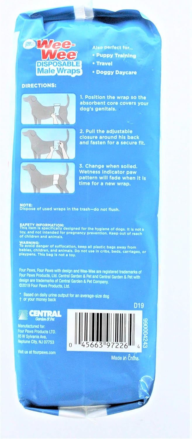 Four Paws Wee-Wee Wetness Indicator Male Dog Wraps, 12 Pack X-Small/Small