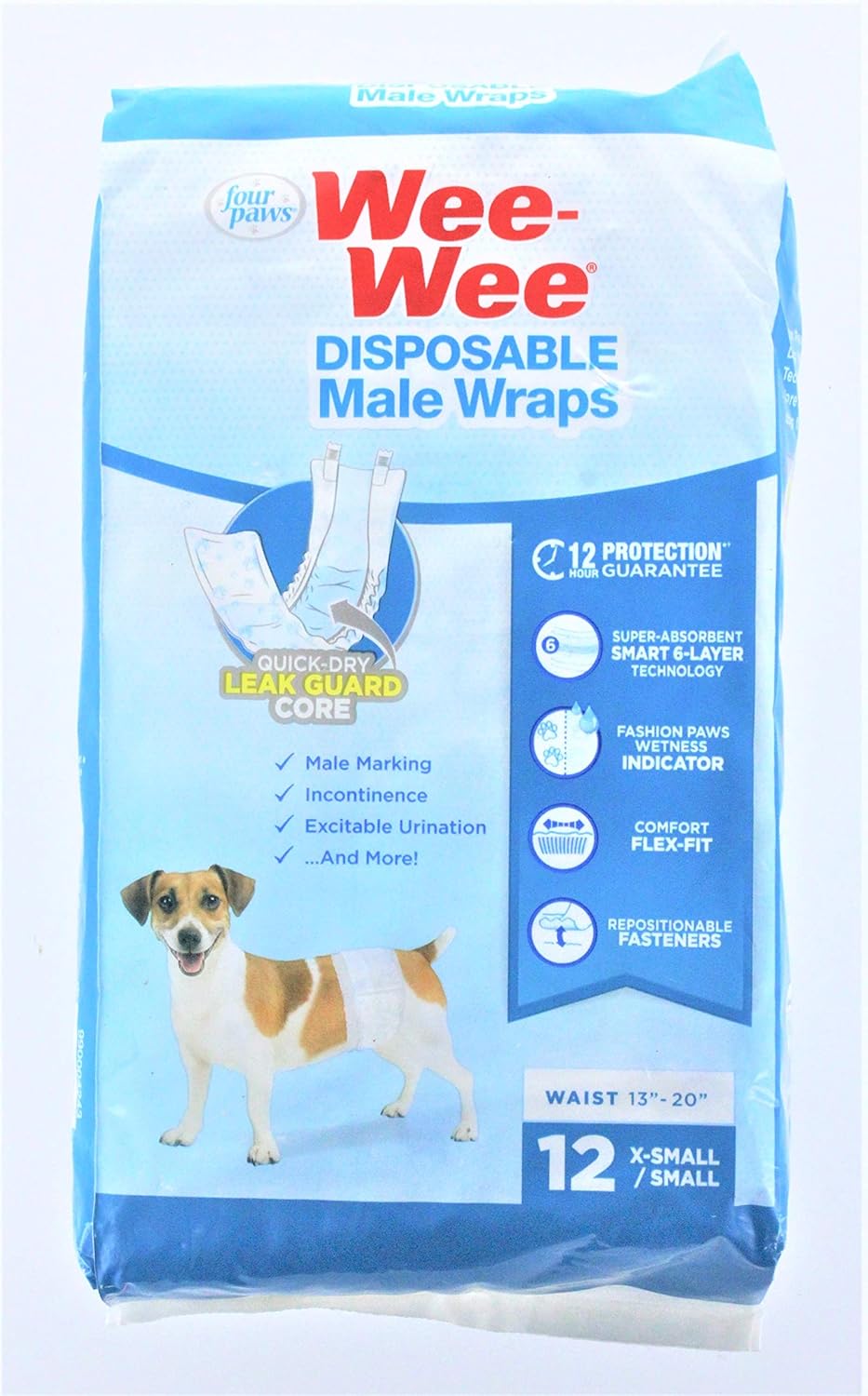 Four Paws Wee-Wee Wetness Indicator Male Dog Wraps, 12 Pack X-Small/Small