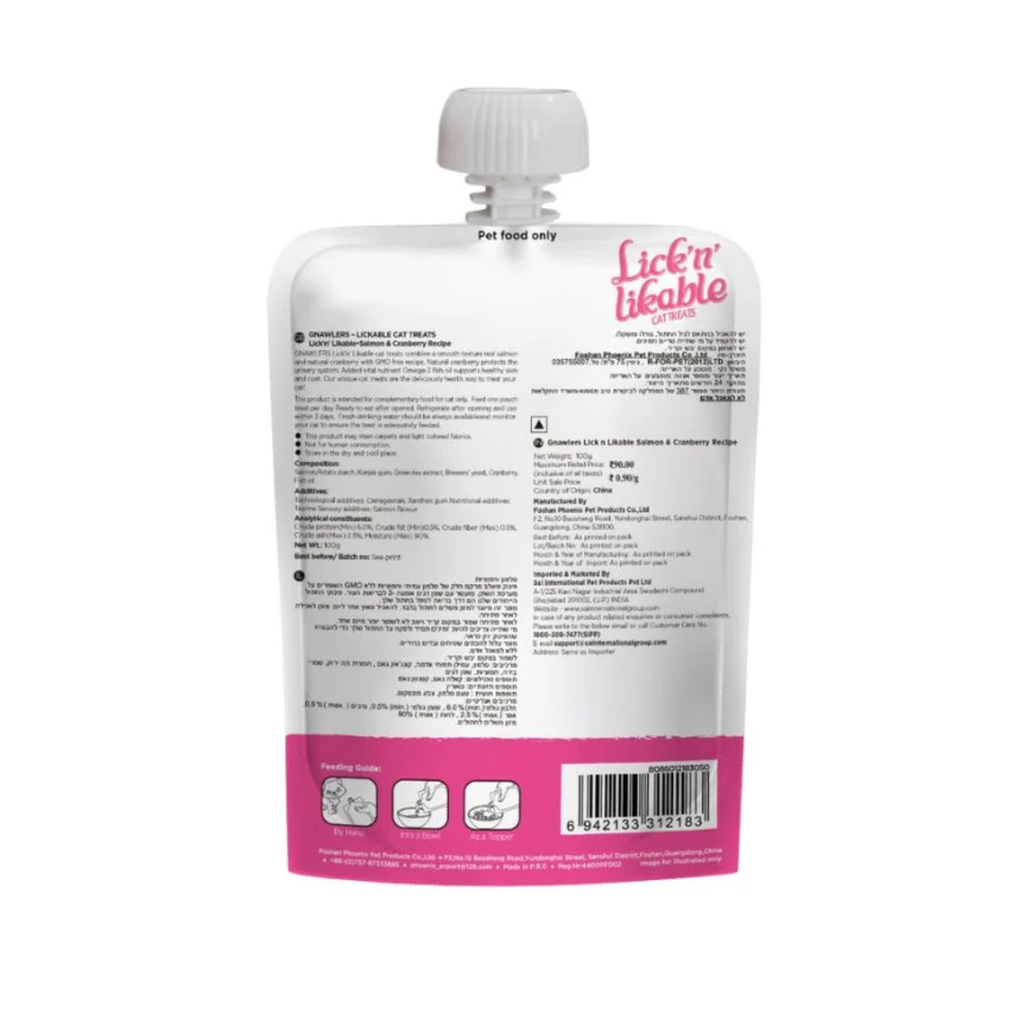 Gnawlers Lick 'n' Lickable Cat Treats 100g - Salmon & Cranberry