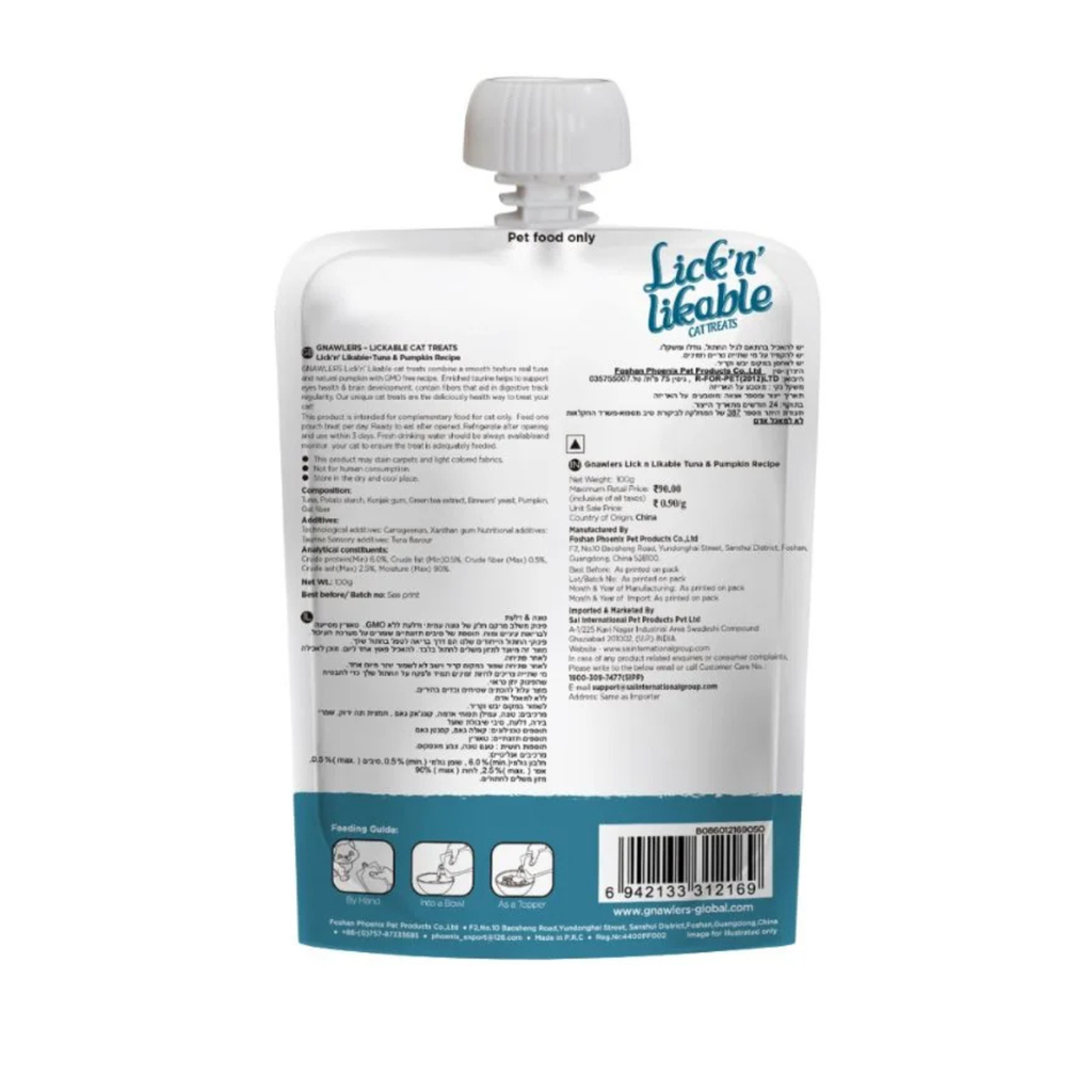 Gnawlers Lick 'n' Lickable Cat Treats 100g - Tuna & Pumpkin