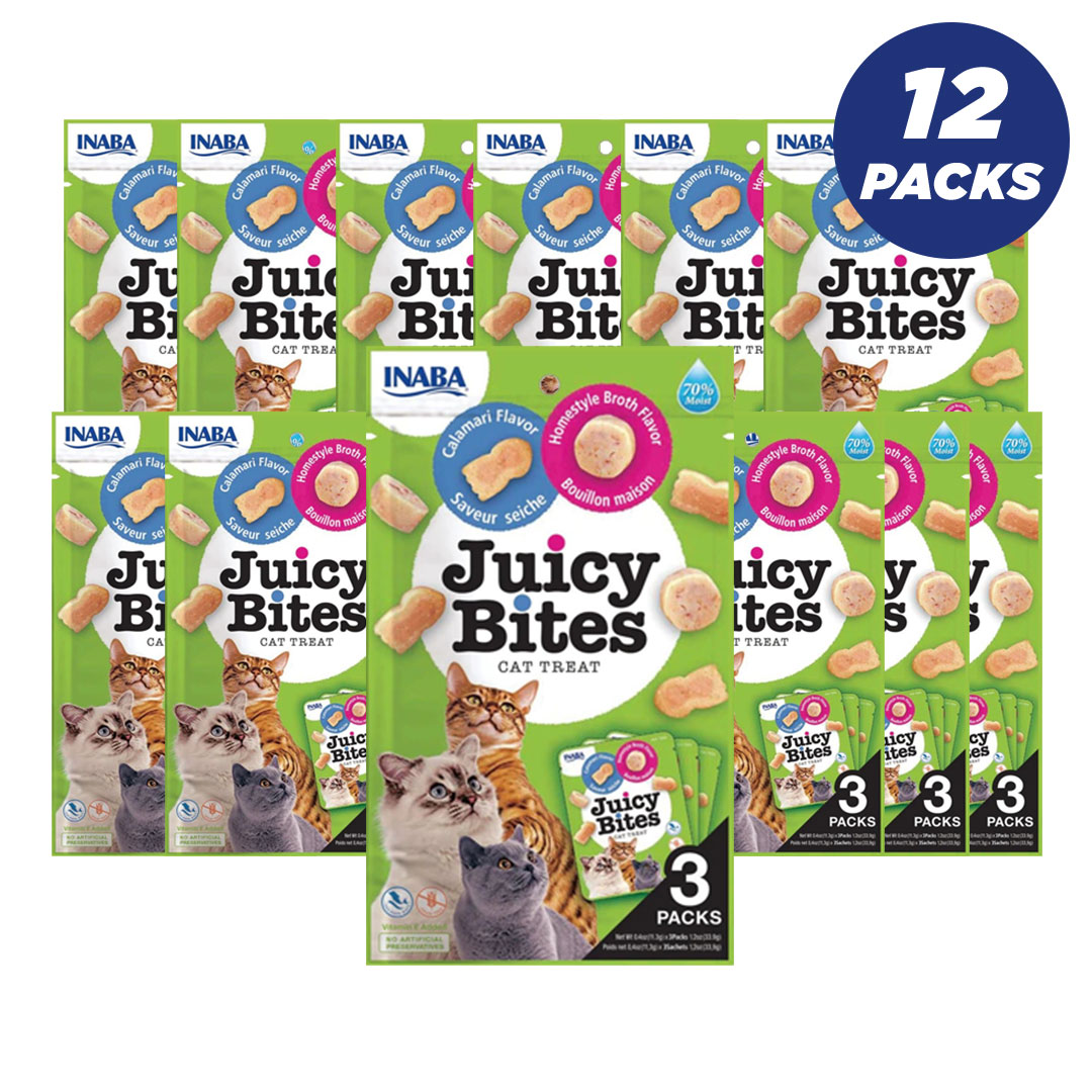 INABA Juicy Bites Homestyle Broth & Calamari Flavor 33.9g / 3 pouches per pack - Pack of 12