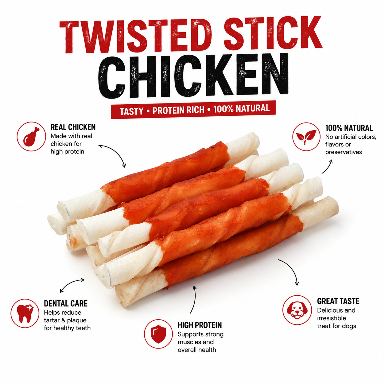 PETRIX Pet Food Twisted Stick Chicken Wrapped Dog Food Chew Treat – 10 Pcs, Buffalo Rawhide Chew Sticks with Chicken for Dogs