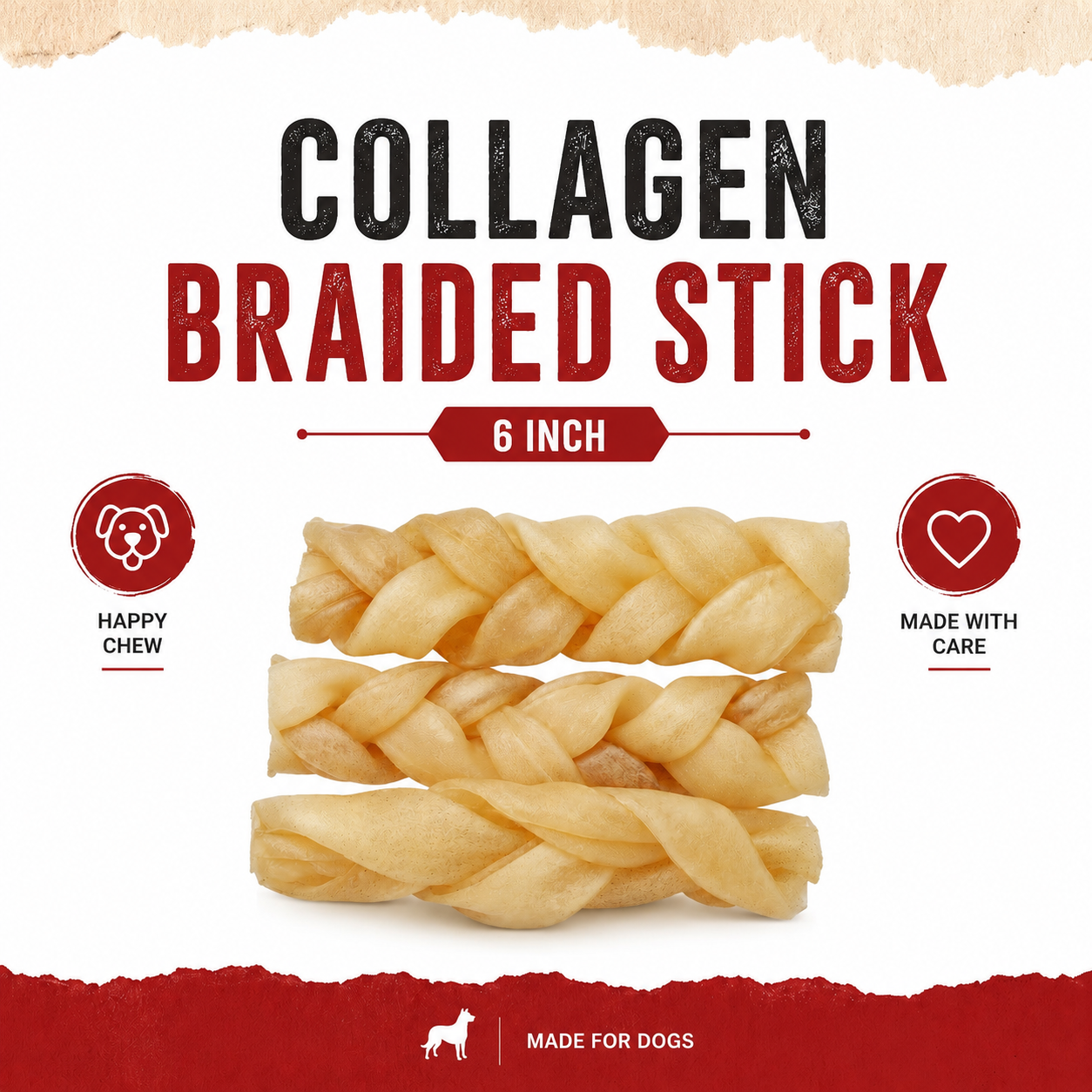 PETRIX Dog Food Natural Collagen Braided Pet Food Chews and Treats 6 Inch – 3 Pcs, Braided Collagen Sticks for Dogs, Long-Lasting Chewing Treats(180g)