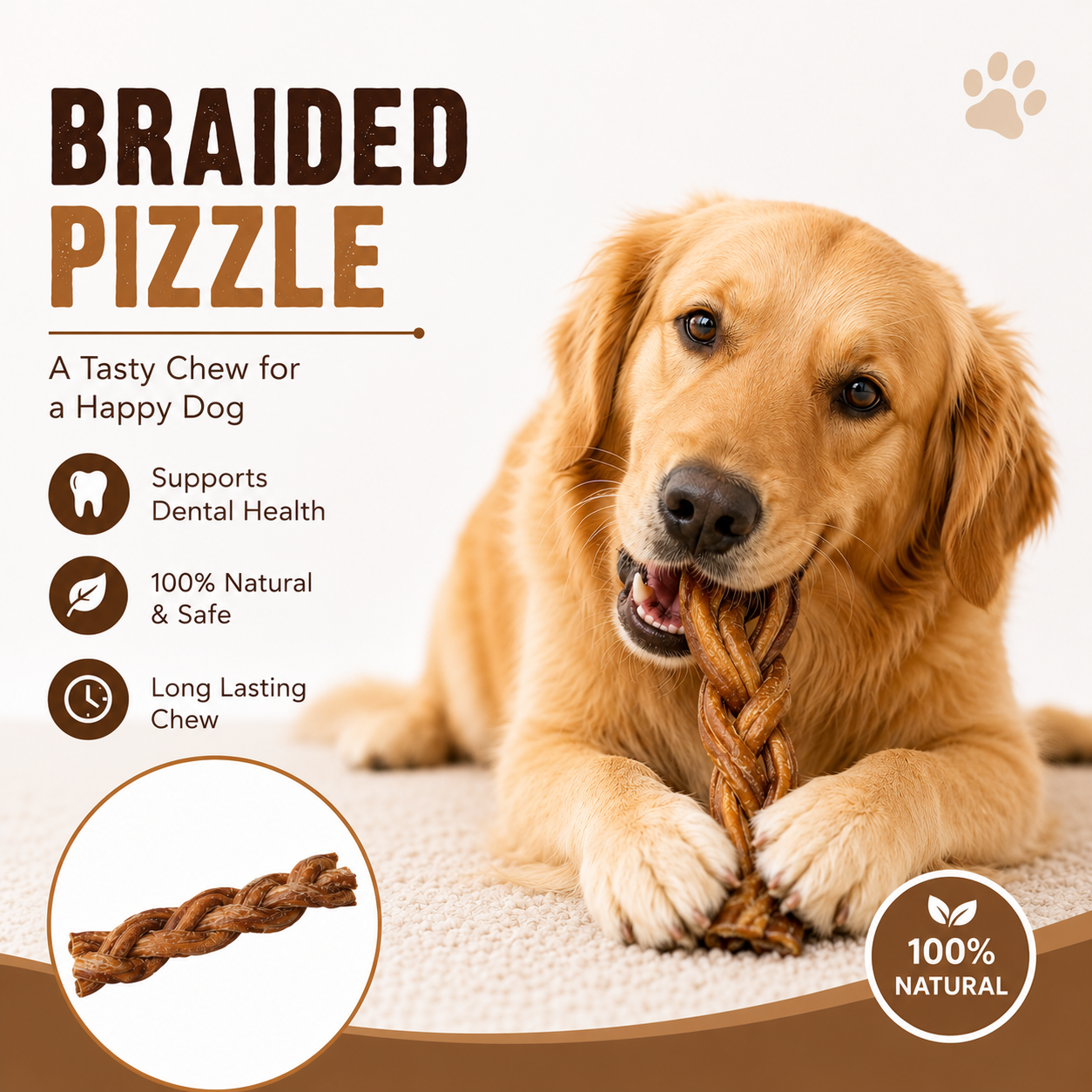 Petrix Dog Food Braided Pizzle Natural Dog and pet foods Chews and Treats 3 Pcs (6 Inch) (240g)
