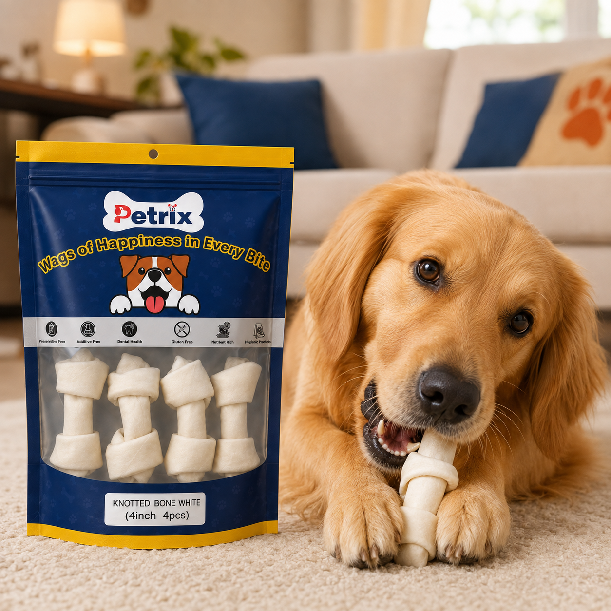 Petrix Knotted Bone White Natural Dog Chew Treat, 4 Pcs (4 Inch)