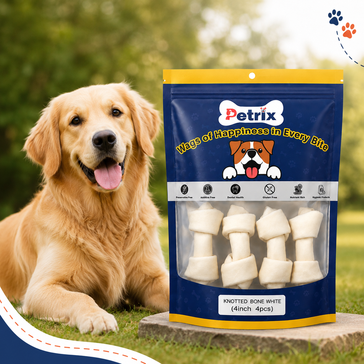 Petrix Knotted Bone White Natural Dog Chew Treat, 4 Pcs (4 Inch)