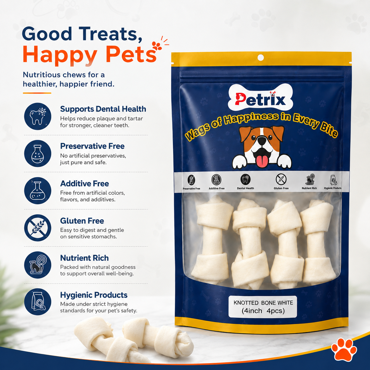 Petrix Knotted Bone White Natural Dog Chew Treat, 4 Pcs (4 Inch)