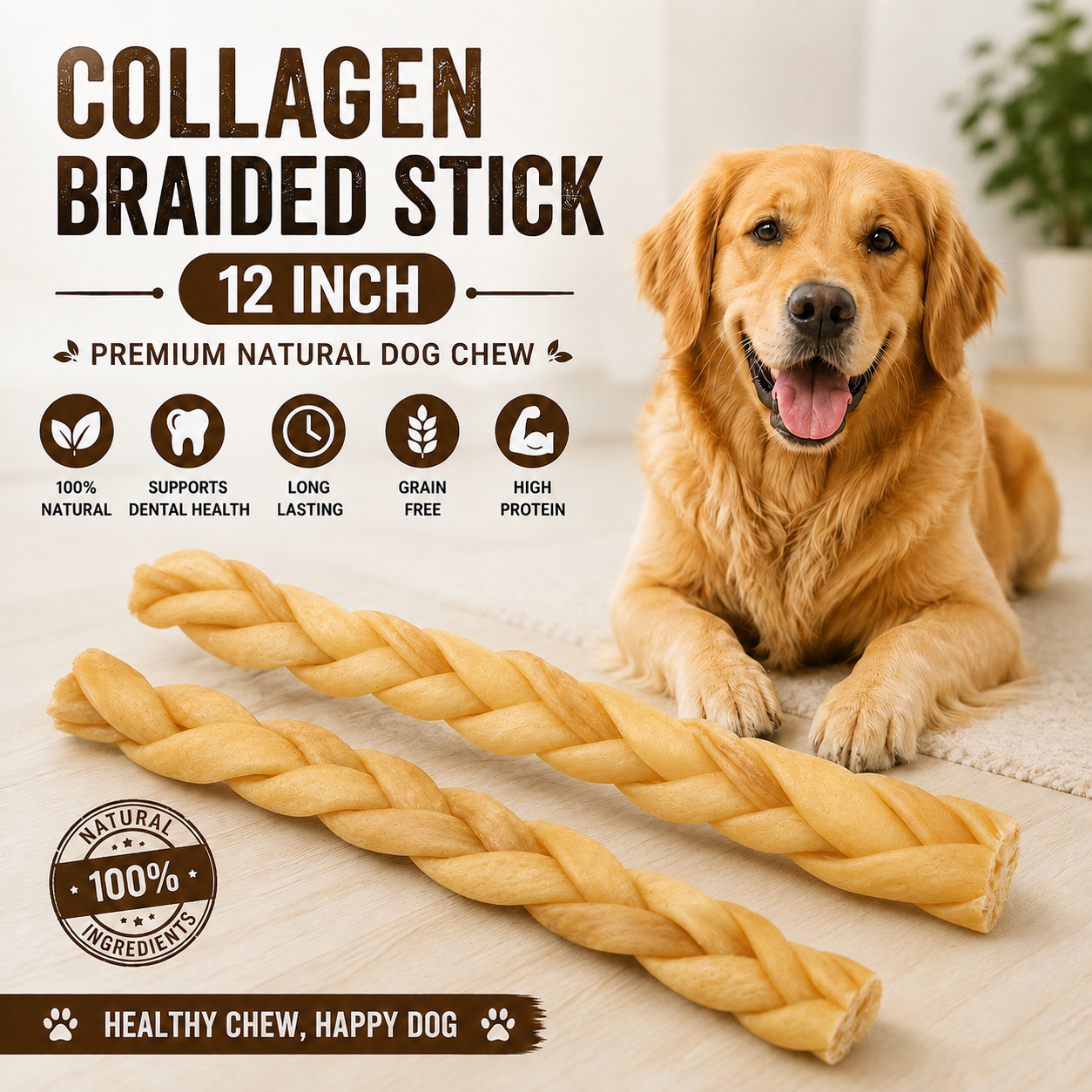 Petrix Collagen Braided Stick Dog Chew Treat, 4 Pcs (12 Inch)