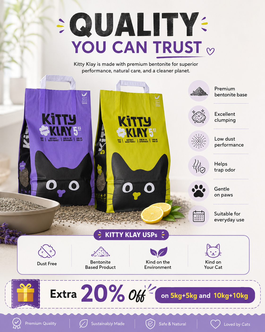 Kitty Klay Bentonite Clumping Cat Litter - Lavender 5Kg (10Kg Bundle Offer)