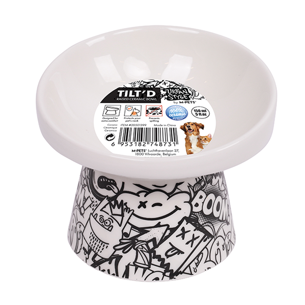 M-PETS Freestyle Tilt’d Raised Ceramic Bowl Black & White 150ml
