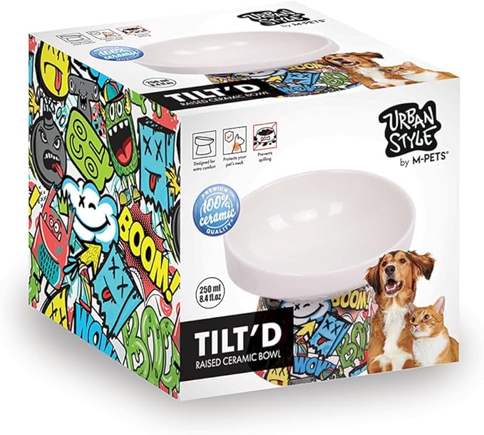 M-PETS Freestyle Tilt’d Raised Ceramic Bowl Black & White 250ml