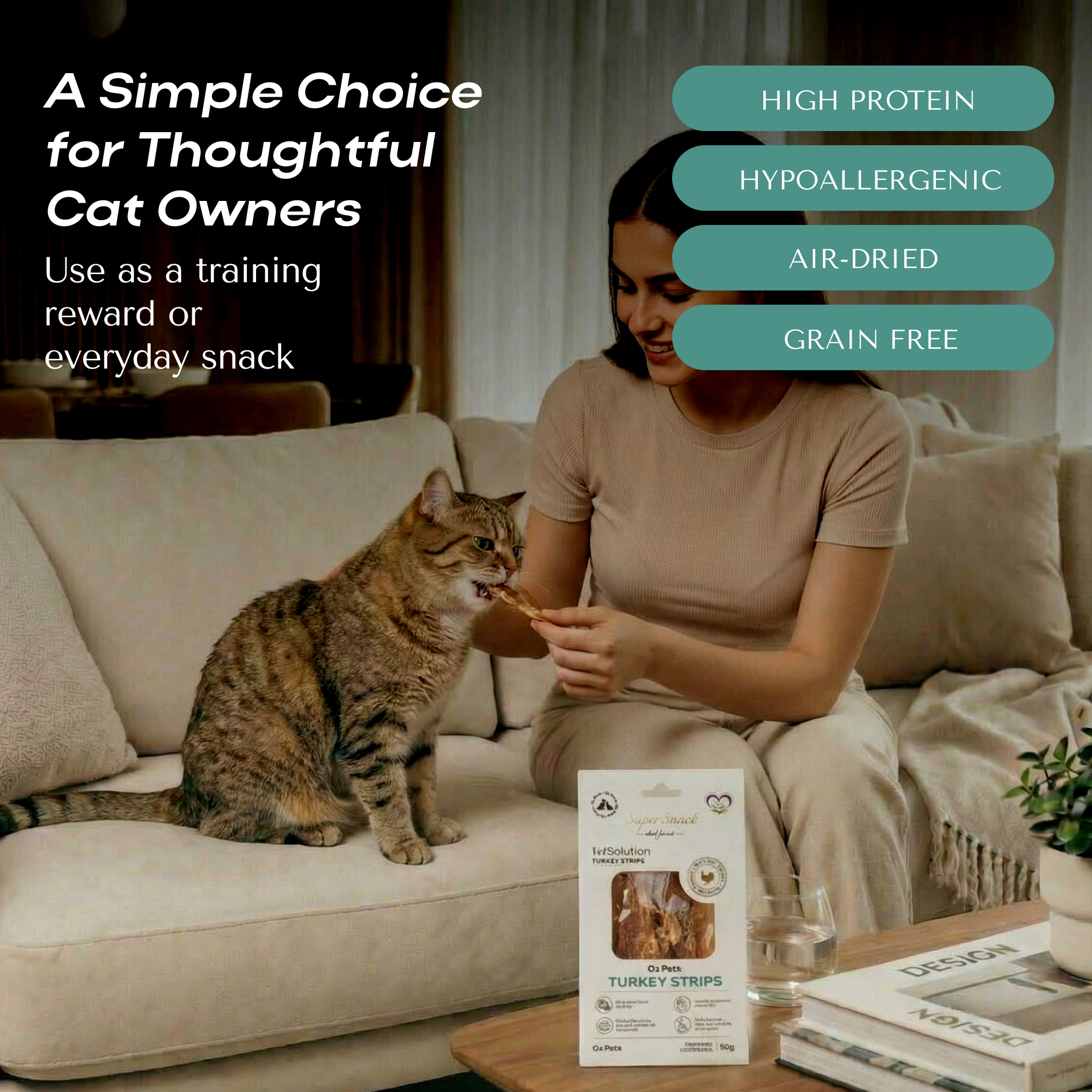 O2Pets Vet Solution Turkey Strips for Cats – 100% Pure Turkey Breast Single Ingredient Treat – Hypoallergenic & Grain-Free Feline Snack for Sensitive Digestion, Allergies & Skin Care 30gr