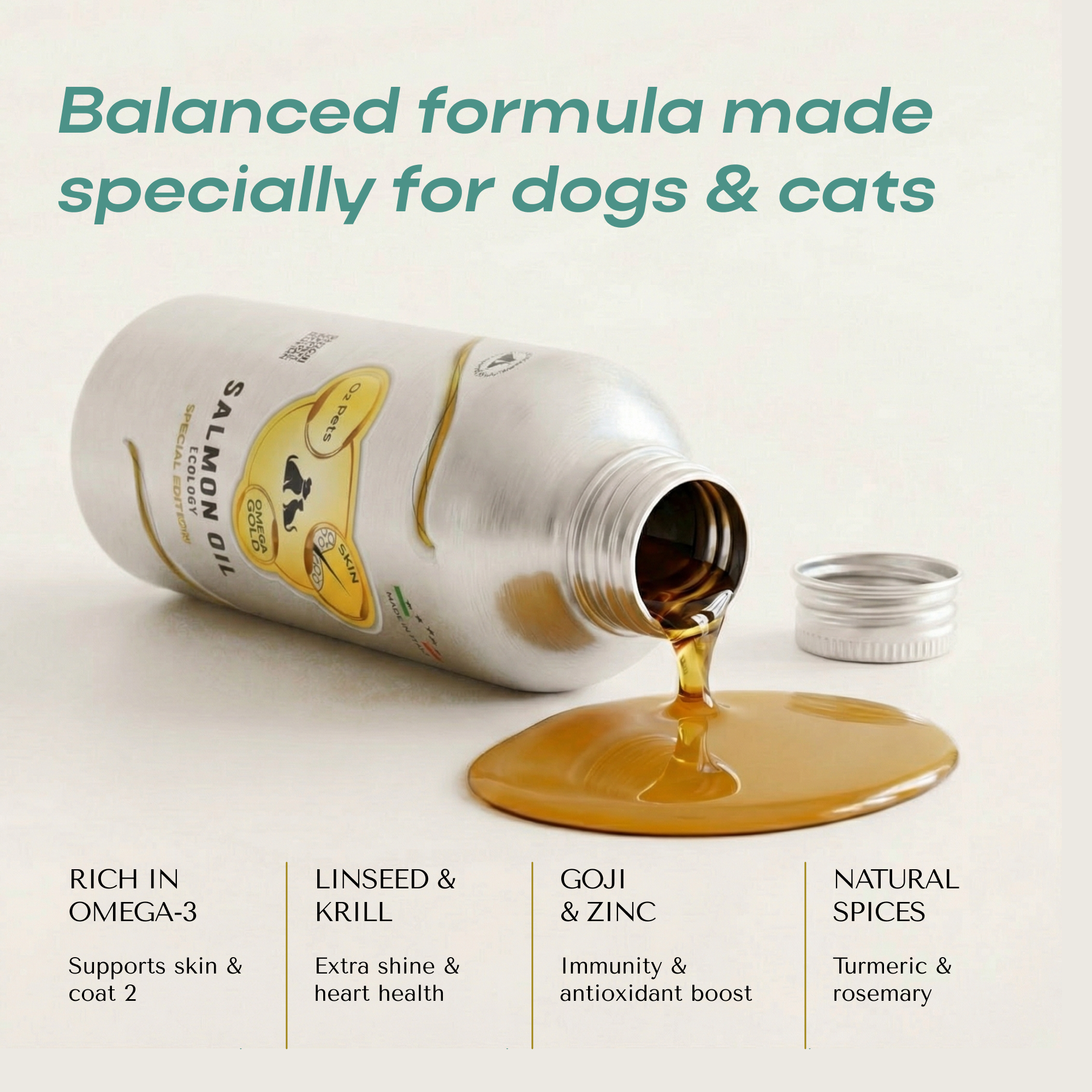 O2 PETS Omega Gold Skin — Wild Caught Norwegian Salmon Oil for Dogs & Cats, Liquid Omega 3 Food Topper, Skin & Coat Support 50ml