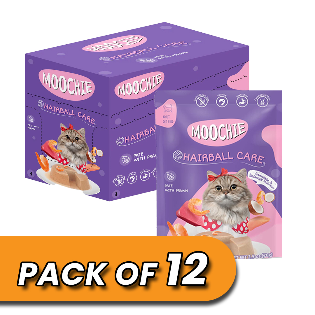 Moochie Cat Food Pate with Prawn - Hairball Care Pouch 70g Pack of 12