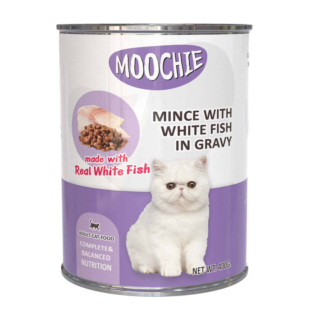 Moochie Mince With White Fish In Gravy Cat Wet Food Can 400g