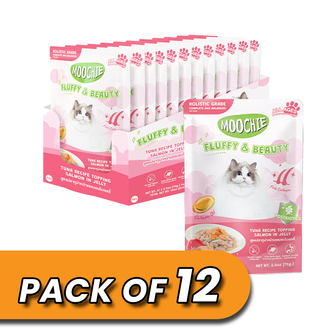 Moochie Tuna Recipe Topping Salmon In Jelly Cat Food for Fluffy & Beauty 70g Pack of 12