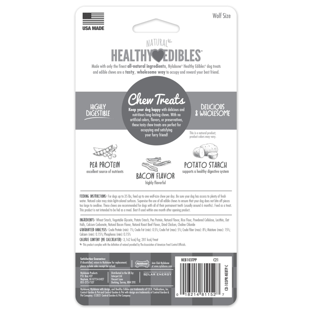 Nylabone Healthy Edibles Longer Lasting Bacon 2Ct Card Wolf Edible Treats