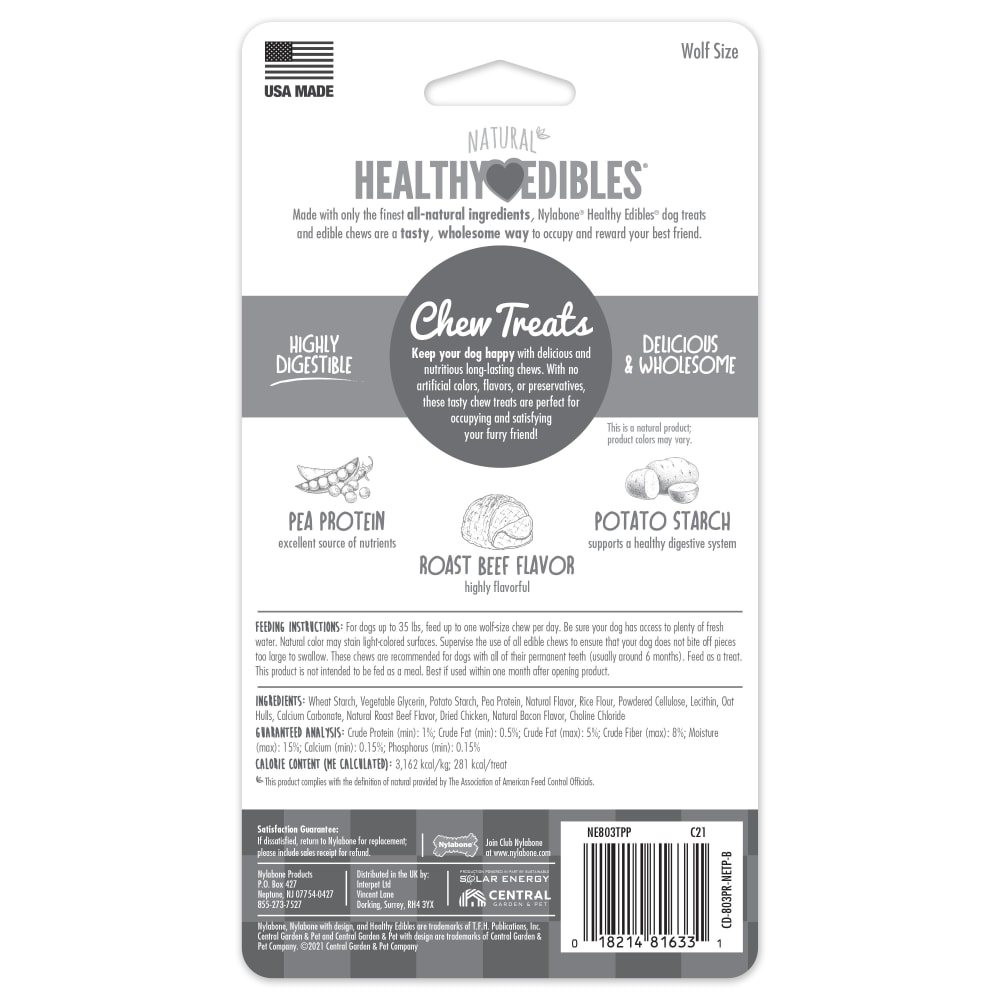 Nylabone Healthy Edibles Longer Lasting Roast Beef 2Ct Card Wolf Edible Treats
