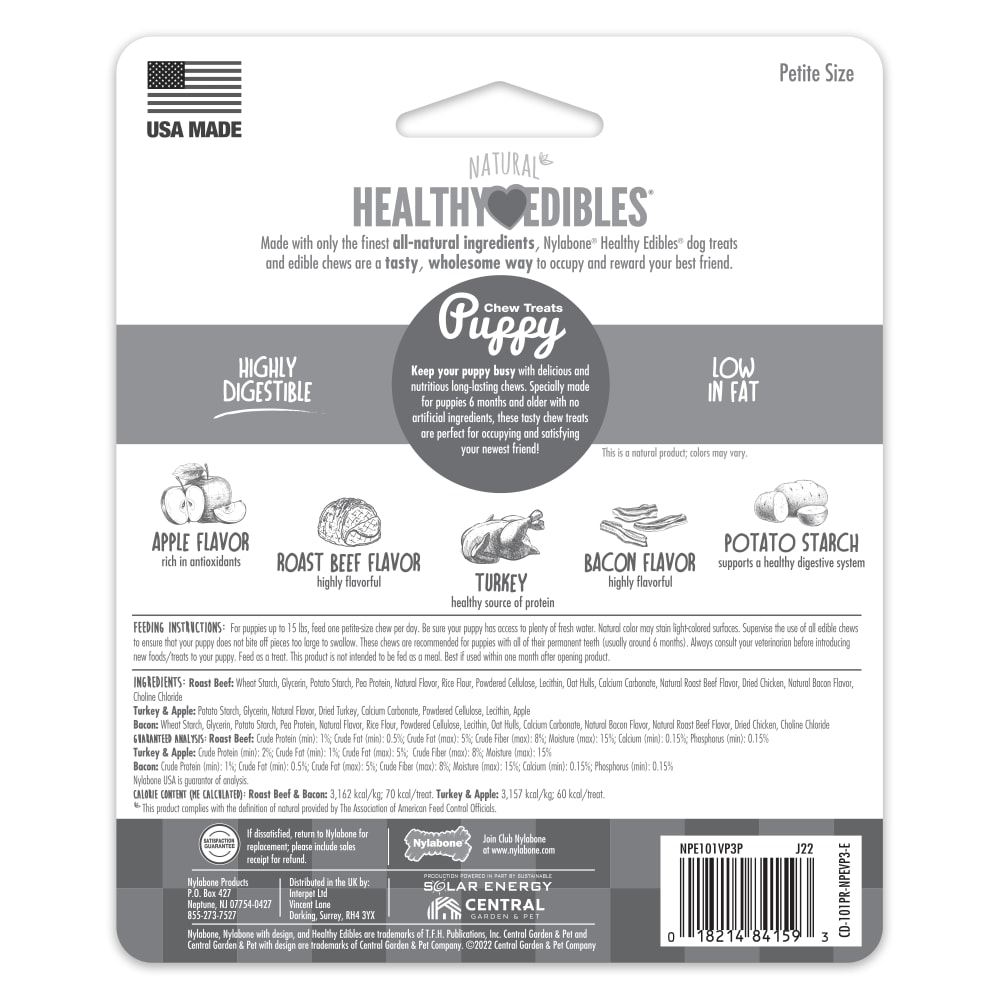 Nylabone Healthy Edibles Puppy Starter Kit (Bacon, Roast Beef, Turkey & Apple) 3Ct Card Petite Edible