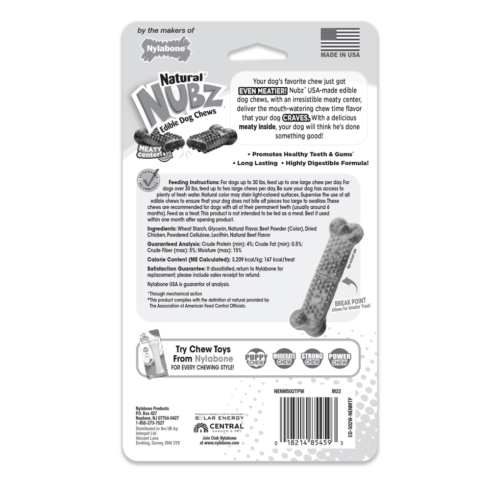 Nylabone Nubz Beef With Meaty Center 2Ct Card (In Shelf Tray)  (April 2023)  Large Edible Treats