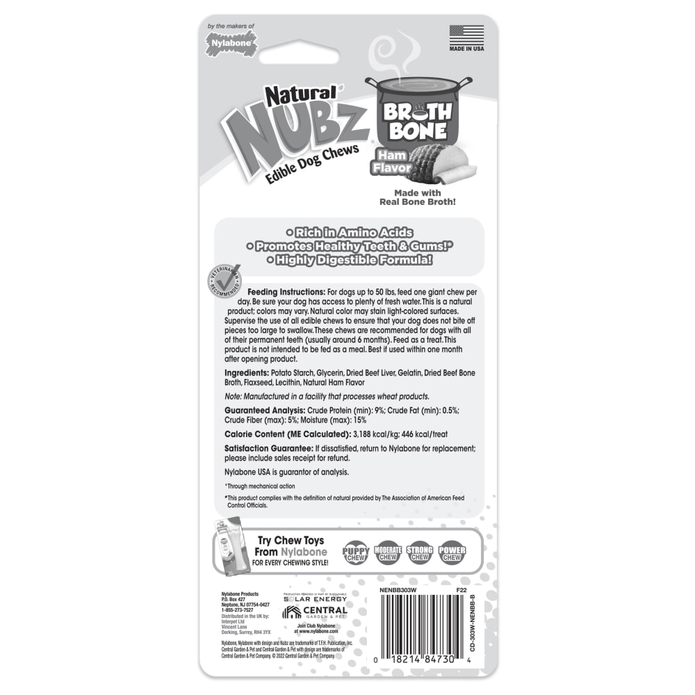 Nylabone Nubz Ham With Bone Broth 1Ct Card (In Shelf Tray) Giant Edible Treats