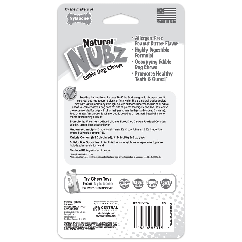 Nylabone Nubz Peanut Butter 2Ct Card (Not In Shelf Tray) Grande Edible Treats