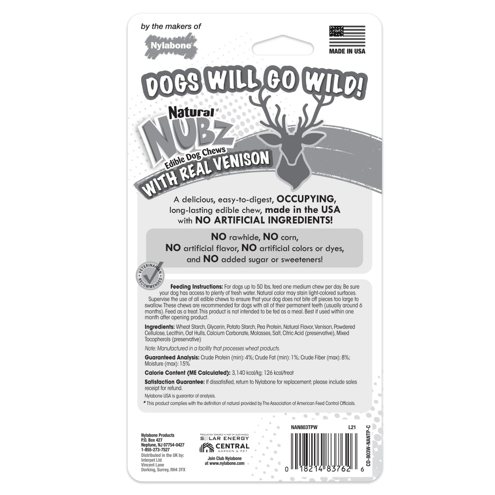 Nylabone Nubz Wild Antler Venison 2Ct Card Medium Edible Treats