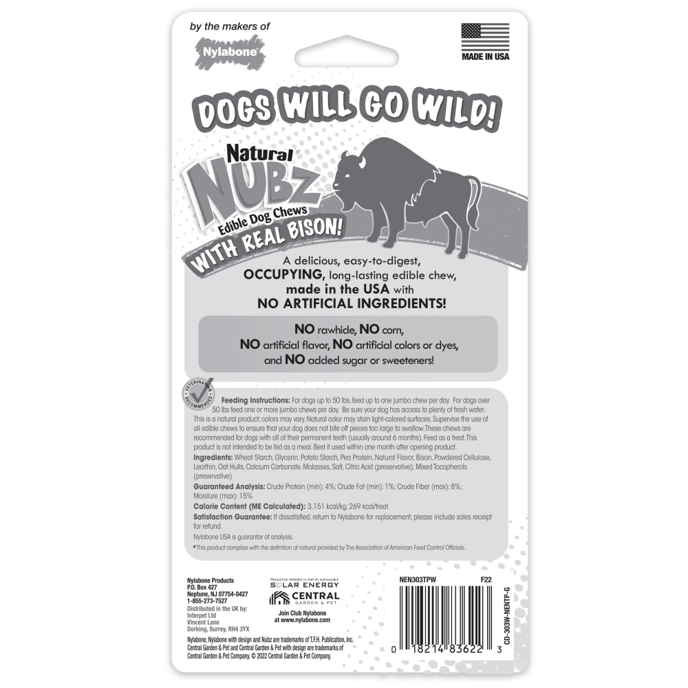 Nylabone Nubz Wild Bison 2Ct Card Jumbo Edible Treats