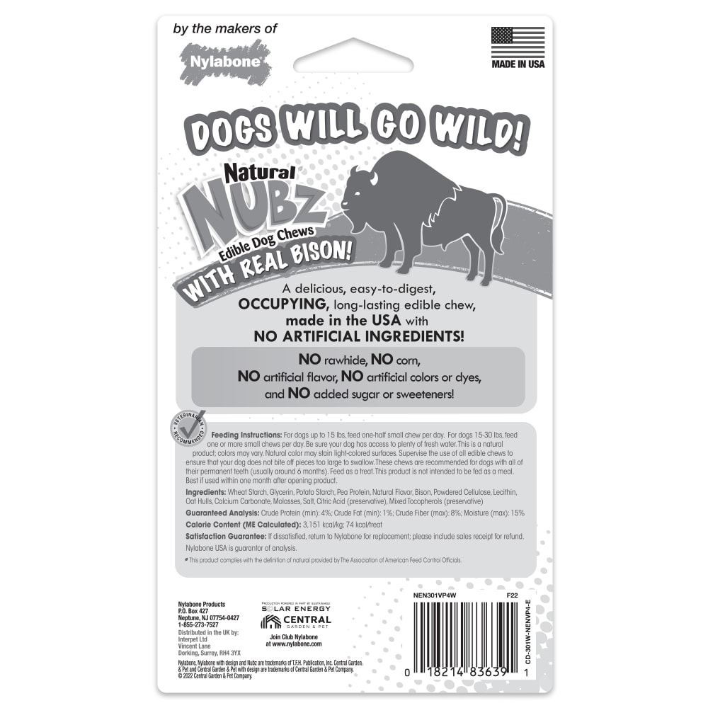 Nylabone Nubz Wild Bison 4Ct Card Small Edible Treats