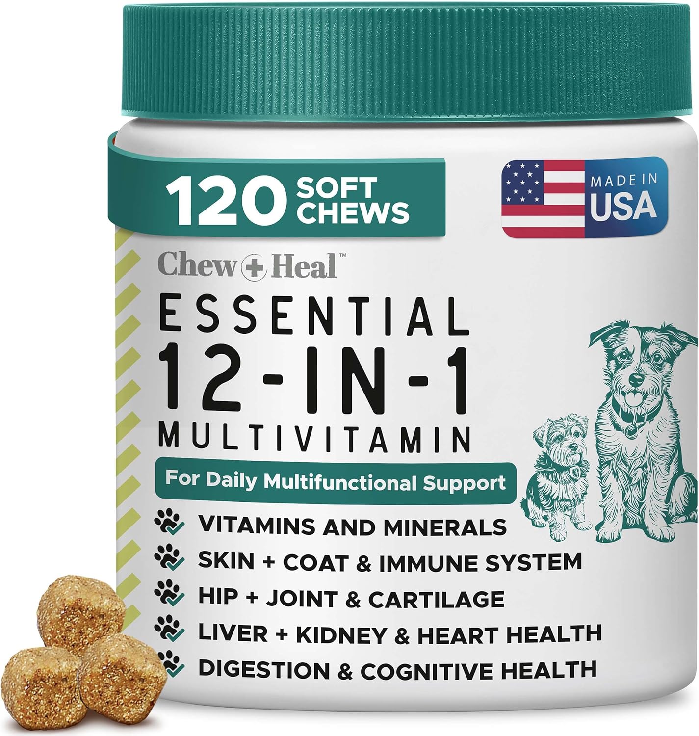 Chew + Heal Essential 12-in-1 Multivitamin Soft Chews for Dogs 120 soft chews