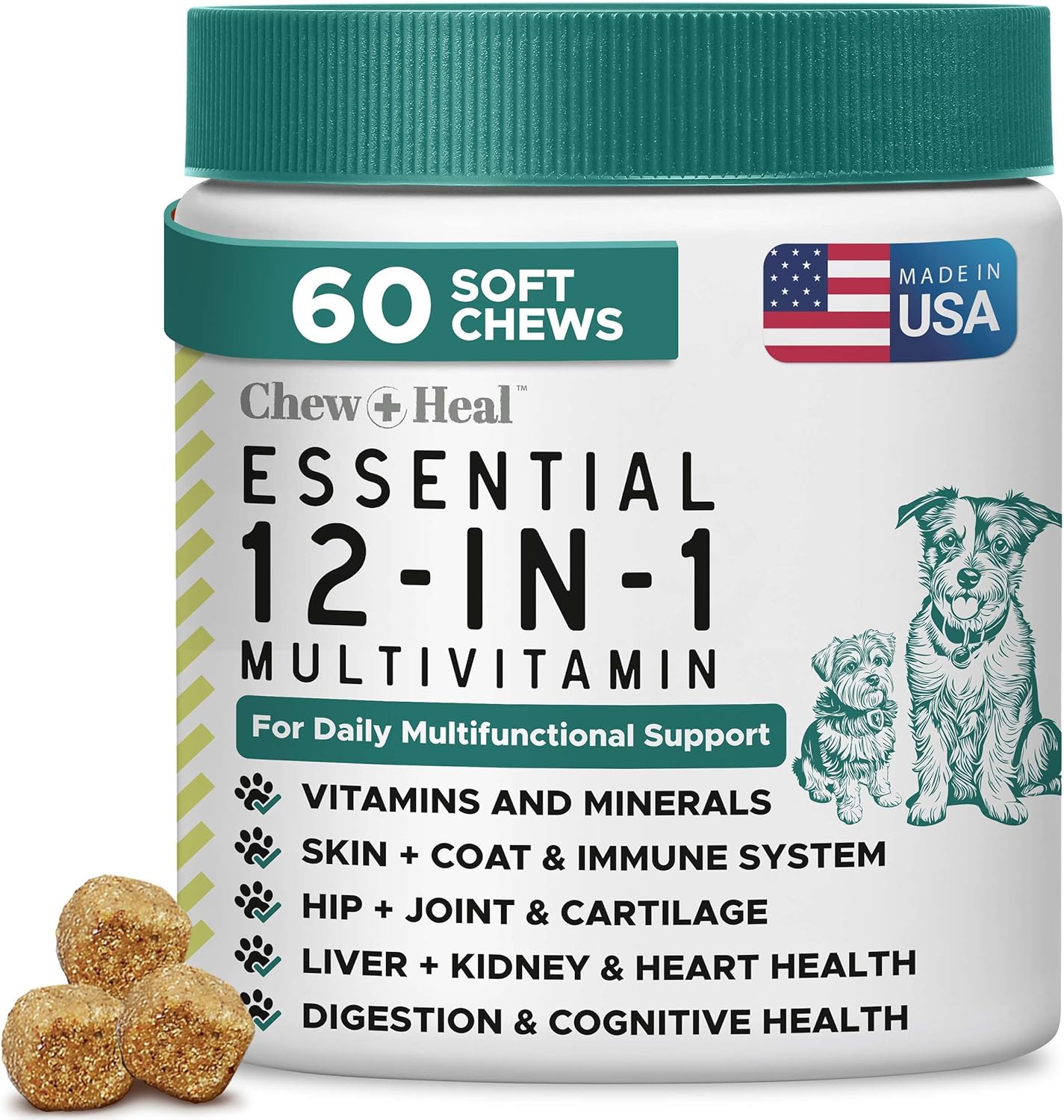 Chew + Heal Essential 12-in-1 Multivitamin Soft Chews for Dogs 60 soft chews